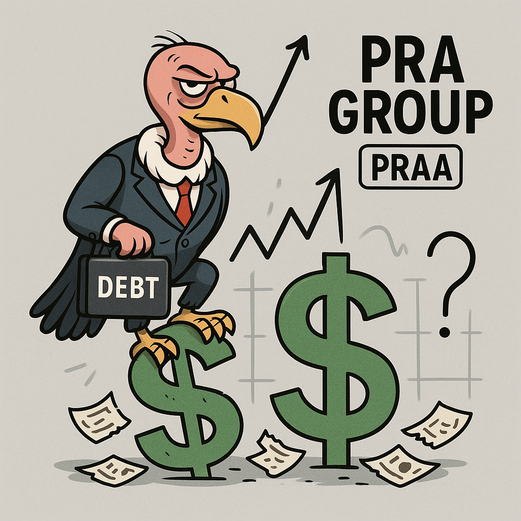 A cartoon vulture in a suit with a briefcase labeled “Debt” perched on a dollar sign, looking smug and calculating, with torn-up bills fluttering below and a graph line forming a question mark in the background.
