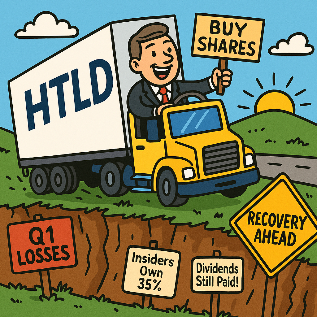 Cartoon-style truck labeled HTLD teetering near a cliff titled “Q1 Losses” while the driver, representing the CEO, smiles with a “Buy Shares” sign. A sign reading “Recovery Ahead” glows in the distance.