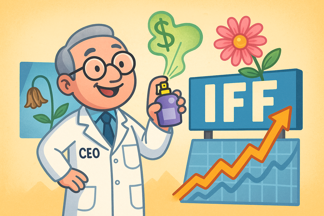 Cartoon-style CEO holding a perfume bottle spraying a dollar-shaped mist near a blooming flower and IFF sign, symbolizing a potential company turnaround.