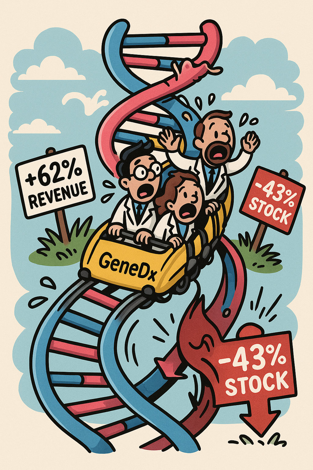 Cartoon-style DNA strand with a rollercoaster winding through it. Investors scream in biotech lab coats as the track dips next to a “+62% Revenue” sign and then plunges toward “–43% Stock” territory.