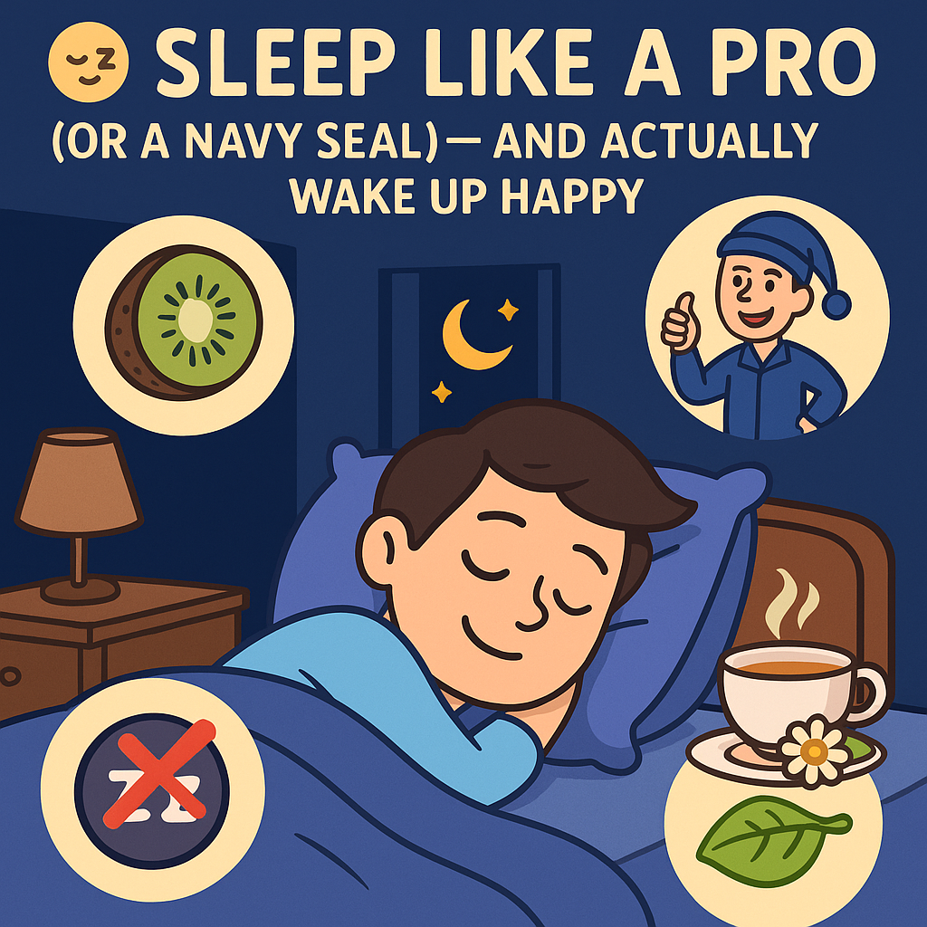 A cartoon-style bedroom with someone peacefully sleeping, surrounded by floating icons of a kiwi, chamomile tea, a snooze button with a red X, and a Navy SEAL in pajamas giving a thumbs up.