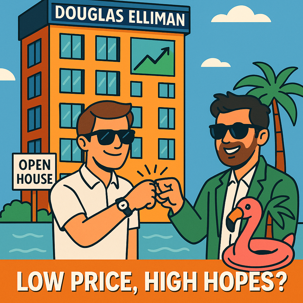 A cartoon-style illustration of a luxury high-rise labeled “Douglas Elliman” with an open house sign, a stock chart peeking out the window, and two investors in sunglasses fist-bumping by a flamingo float.