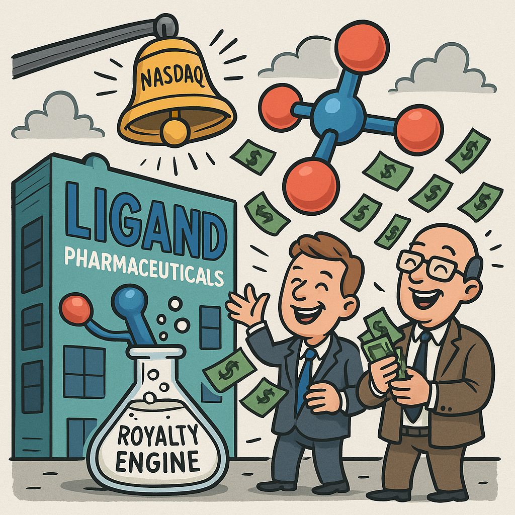 Cartoon-style illustration of Ligand Pharmaceuticals' building transforming into a giant molecule, with a Nasdaq bell ringing above and two smiling executives tossing cash into a biotech flask labeled “Royalty Engine.”