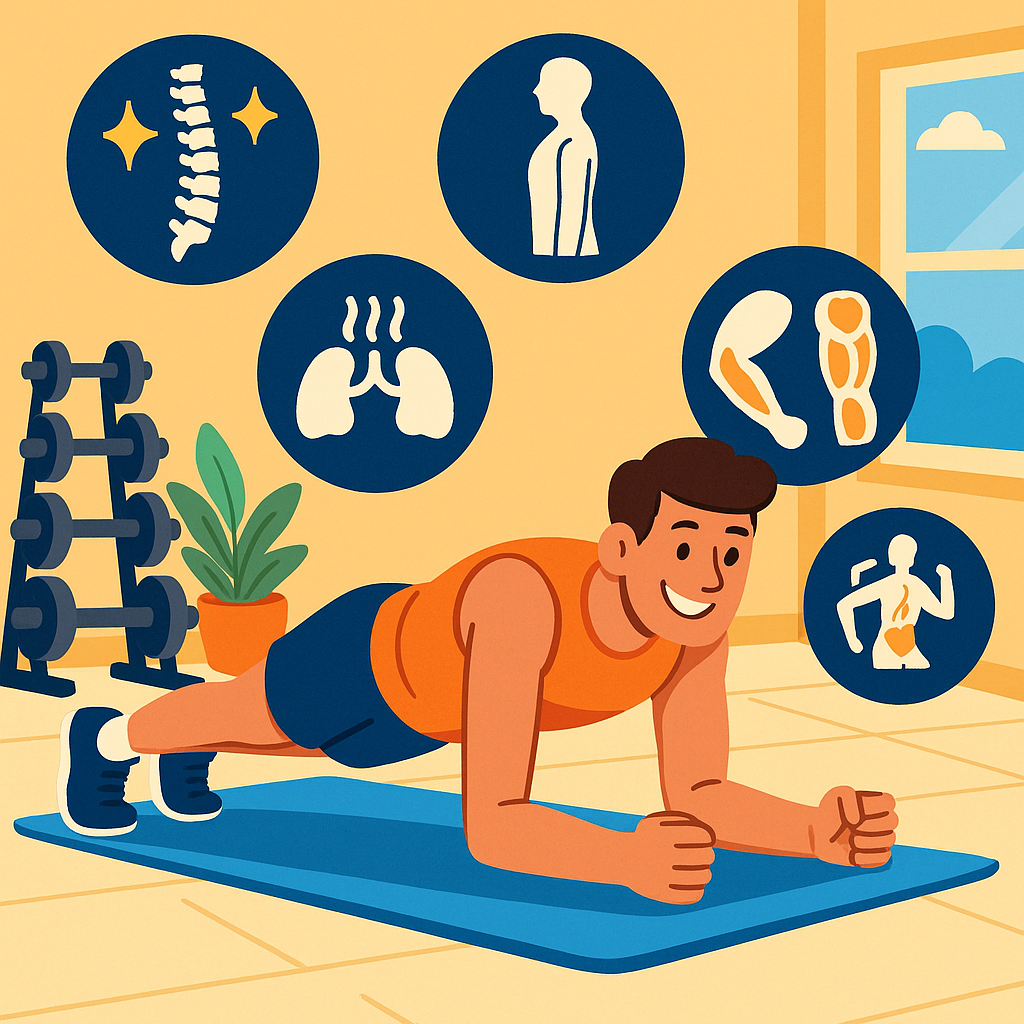 Digital illustration of a smiling person doing a plank in a home gym, surrounded by icons of spine support and posture correction, across the abs, glutes, hips, and back—highlighting the full-body importance of core strength.