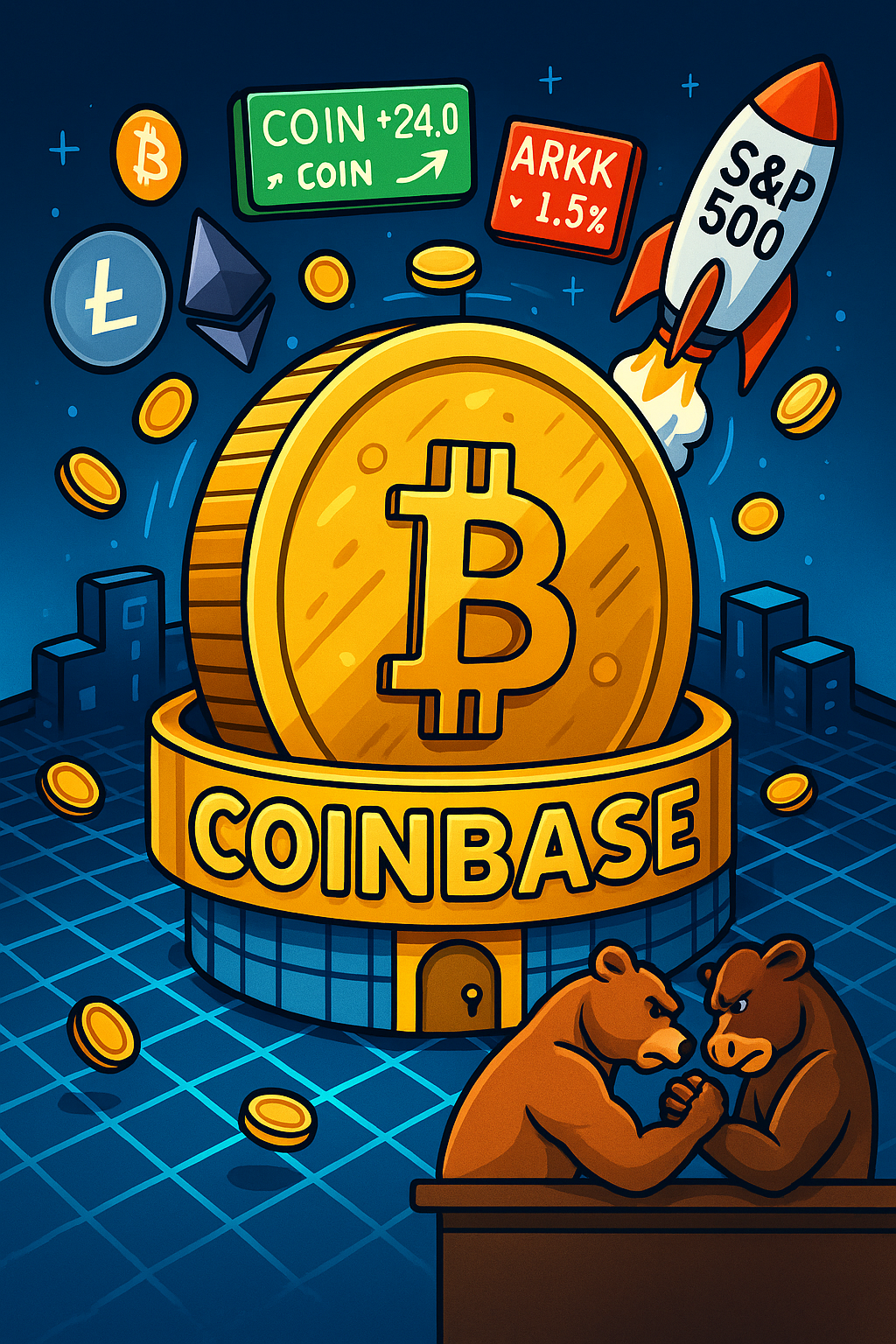A cartoon-style digital illustration of a futuristic Coinbase HQ shaped like a golden coin vault, floating on a blockchain grid. Stock tickers, crypto logos, and a rocket labeled “S&P 500” circle the structure while a bear and bull arm-wrestle.
