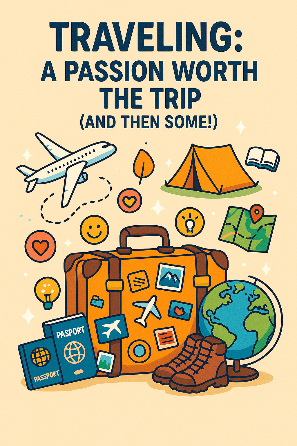 A colorful cartoon-style digital illustration of a suitcase filled with postcards, passport stamps, a globe, hiking boots, and floating icons of a plane, tent, journal, and map—capturing the joy and diversity of the travel experience.