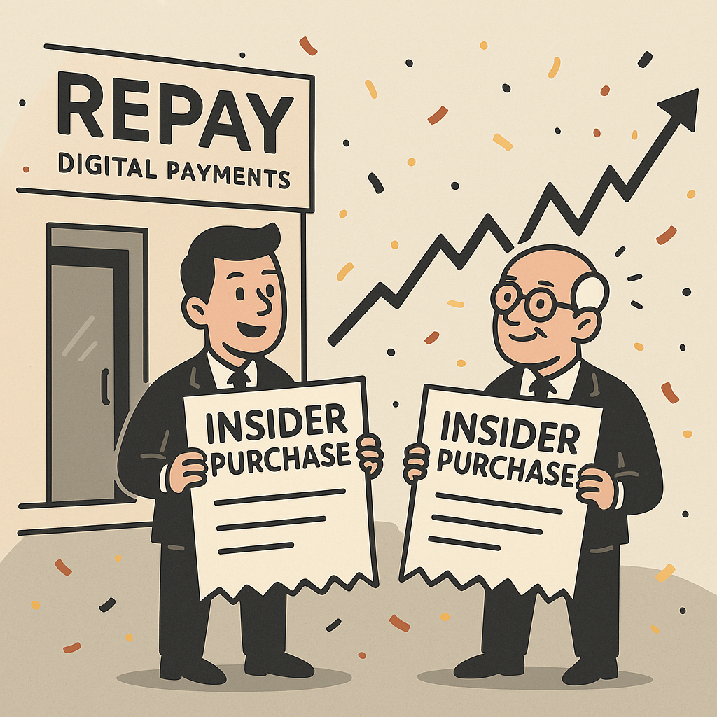 A flat-style cartoon illustration of two Repay executives holding oversized receipts labeled