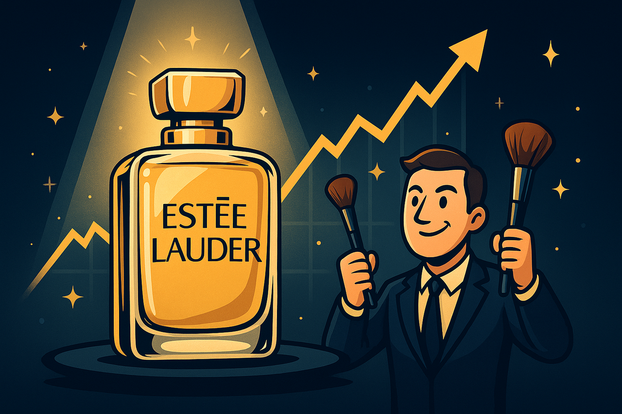 A cartoon-style digital illustration of an Estée Lauder perfume bottle glowing under a spotlight, with a bullish stock chart behind it, flanked by a confident investor holding makeup brushes like torches—symbolizing the brand’s potential turnaround.