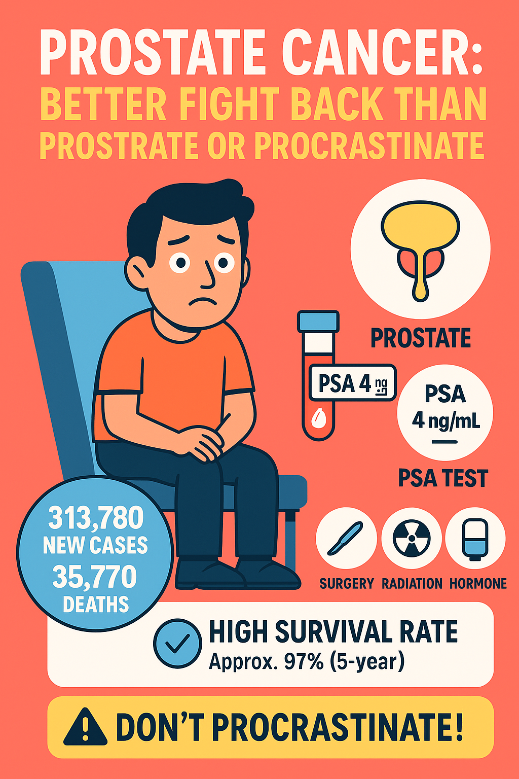 An infographic showing a humorous yet informative breakdown of prostate cancer awareness—featuring a cartoon man nervously awaiting a prostate exam, icons for PSA levels, survival stats, treatment options, and a reminder not to procrastinate.