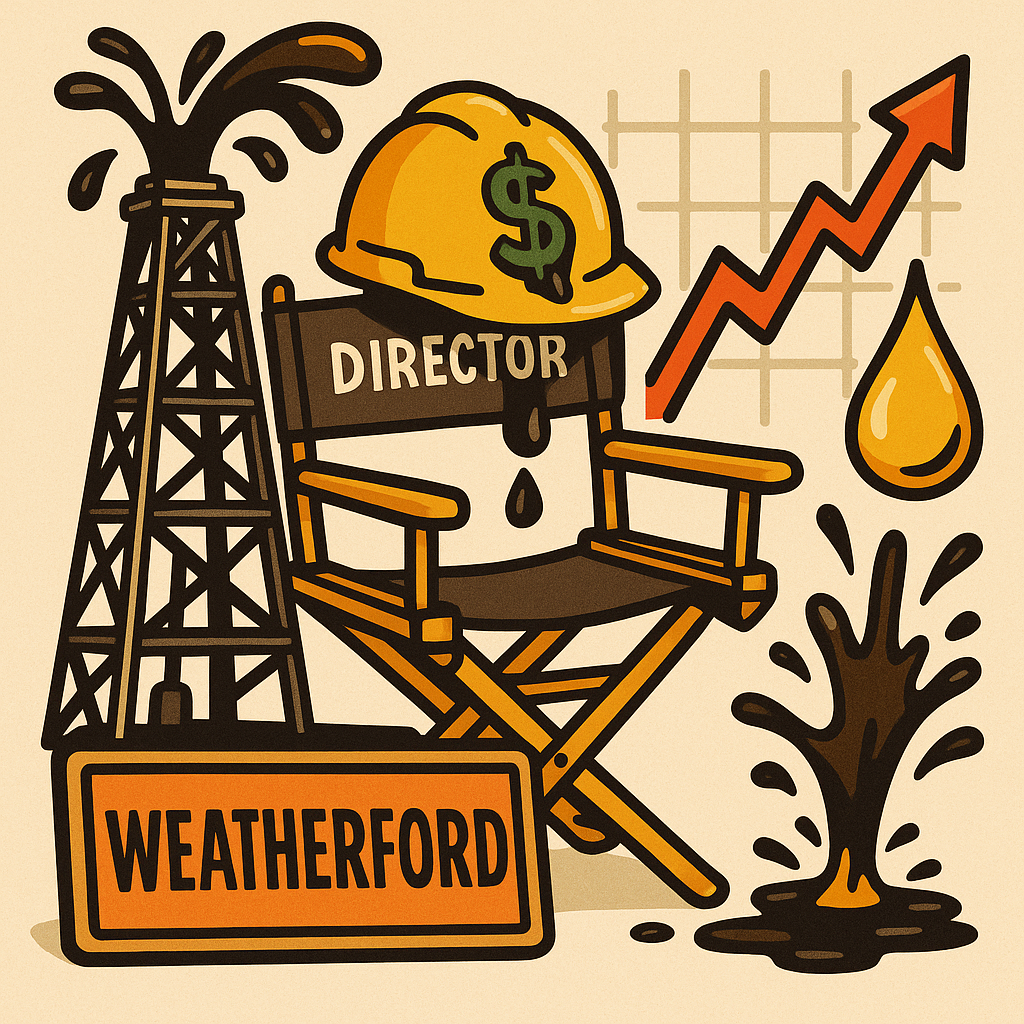 Cartoon-style illustration of a weathered oil rig and a dollar-sign-dripping hardhat perched on a director’s chair, as a golden oil droplet splashes into a stock chart climbing cautiously upward.