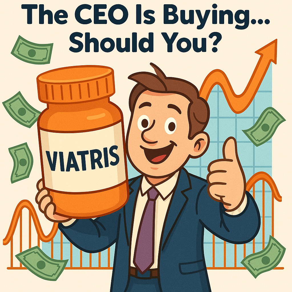 A playful digital illustration showund. Behind him, a rollercoaster-shaped stock chart rises, dips, and teases a reing a cartoon CEO holding a giant prescription bottle labeled