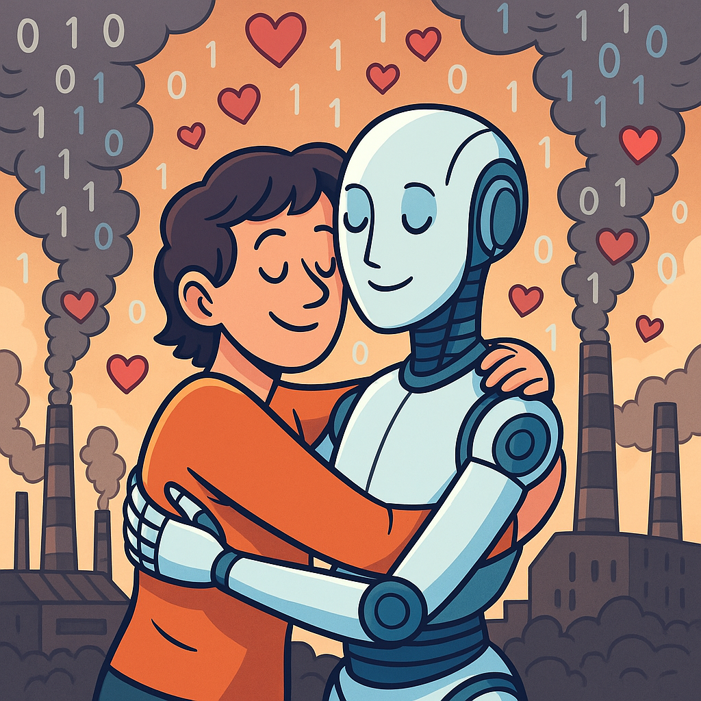 A digital cartoon showing a person romantically embracing a humanoid AI robot, while behind them smokestacks spew pollution into a sky filled with floating binary code and heart emojis—a satirical blend of intimacy and industry.