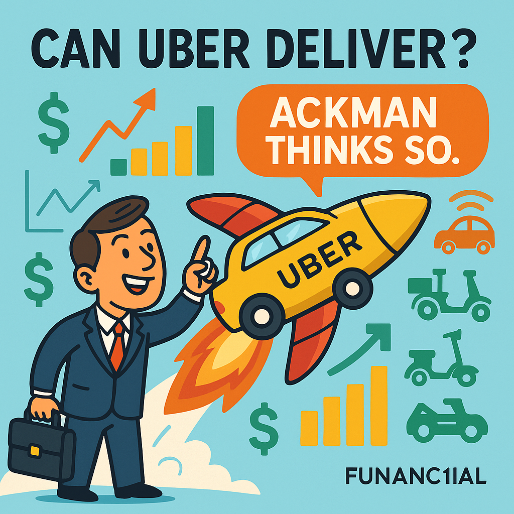 A colorful illustration of an investor hailing an Uber car that’s transformed into a rocketship, zooming through financial charts with dollar signs and icons of mobility and delivery. Caption reads: “Can Uber Deliver? Ackman Thinks So.” Funanc1al logo.
