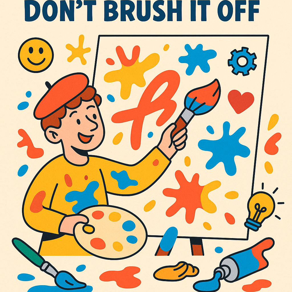 A vibrant cartoon illustration of a cheerful painter splashing colors across a giant canvas, with scattered paintbrushes, bold paint blobs, and floating icons representing joy, chaos, and creativity—captioned: “Painting as a Passion: Don’t Brush It Off!”