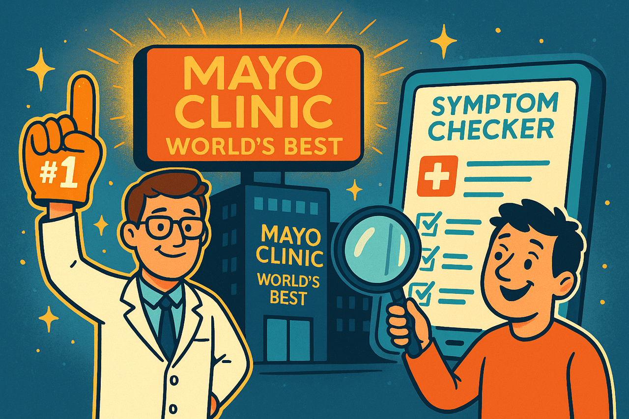 Cartoon-style illustration of a Mayo Clinic doctor holding a #1 foam finger beside a glowing hospital sign, with a smiling patient exploring a floating symptom checker—representing Mayo’s excellence and user-friendly medical tools.