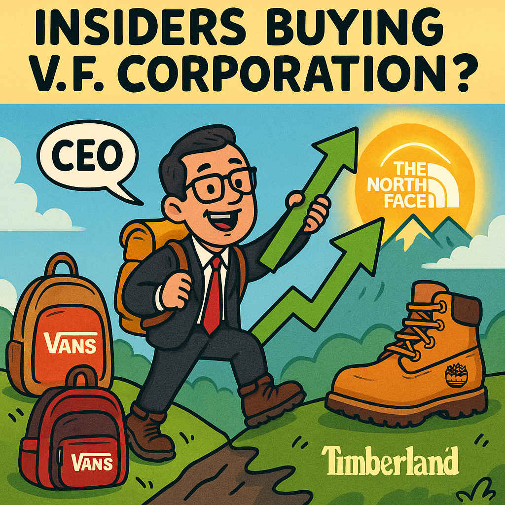 Cartoon-style illustration of a V.F. Corporation executive hiking up a mountain trail in branded gear—Timberland boots, Vans sneakers, and a North Face jacket—while a trail sign points toward “Turnaround Summit” and an arrow signals “Insider Confidence.”