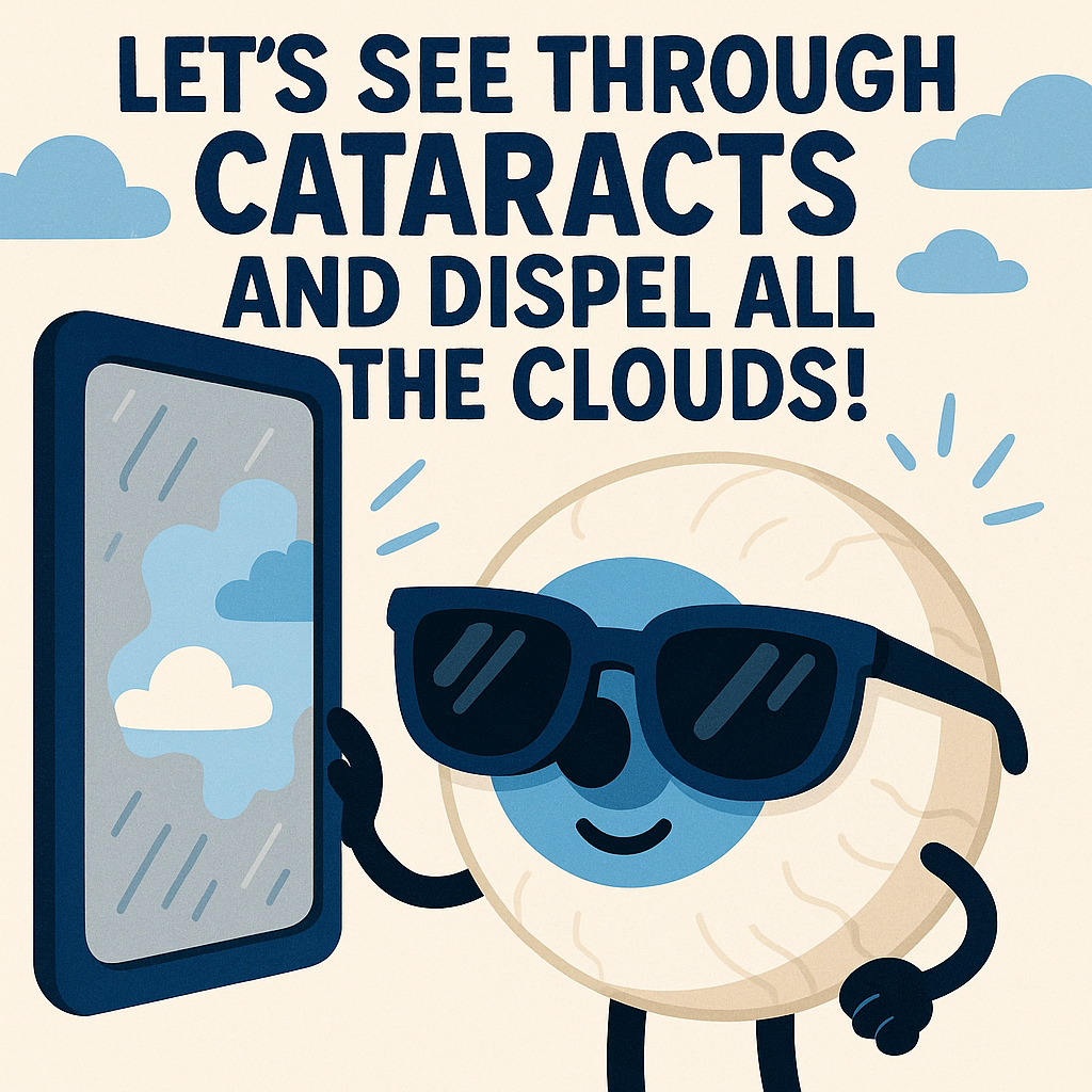 A cheerful cartoon eye in aviator sunglasses peeks through a cloudy window as rays of sunshine beam through, symbolizing the hope and clarity that cataract treatment can bring.