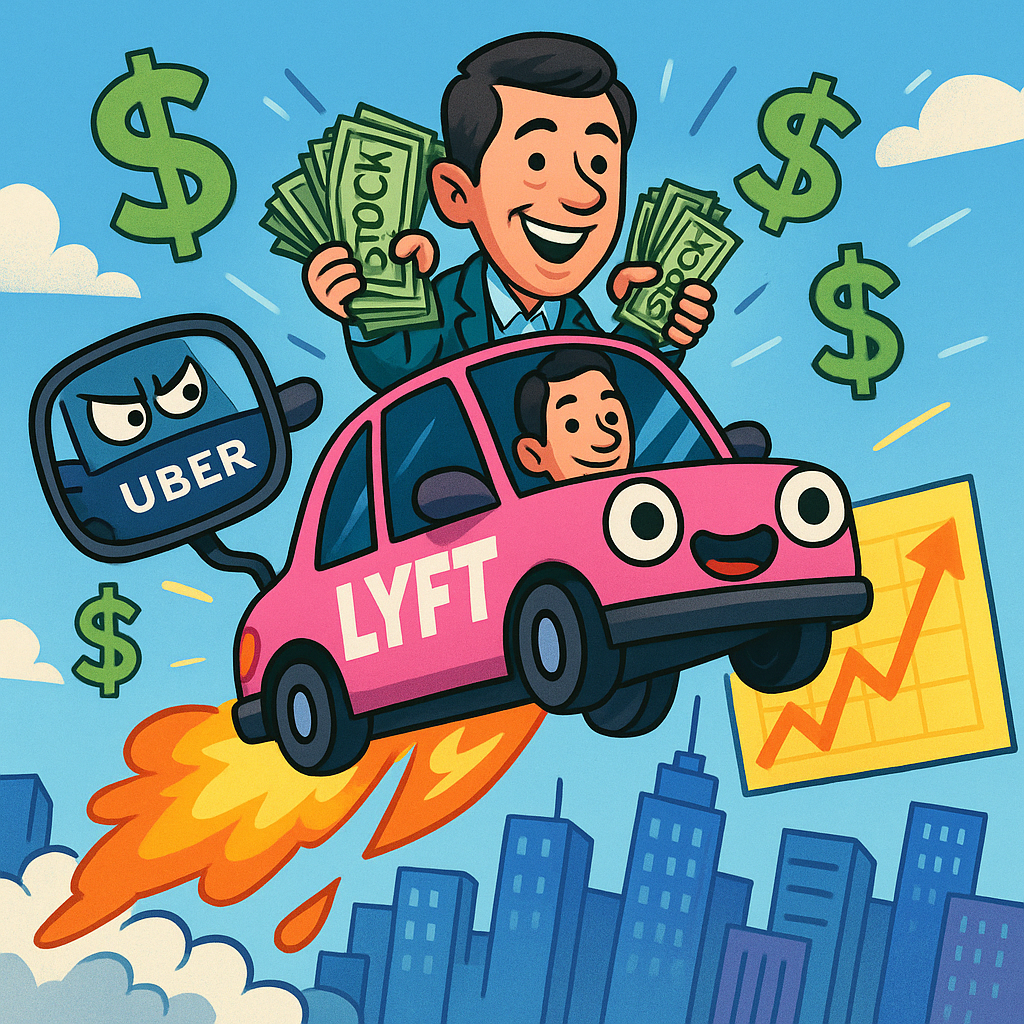 A colorful, cartoon-style digital illustration shows a cheerful Lyft car rocketing upward like a rideshare rocket ship. Inside, the CEO clutches a stack of stock certificates while Uber watches nervously in the rearview mirror.