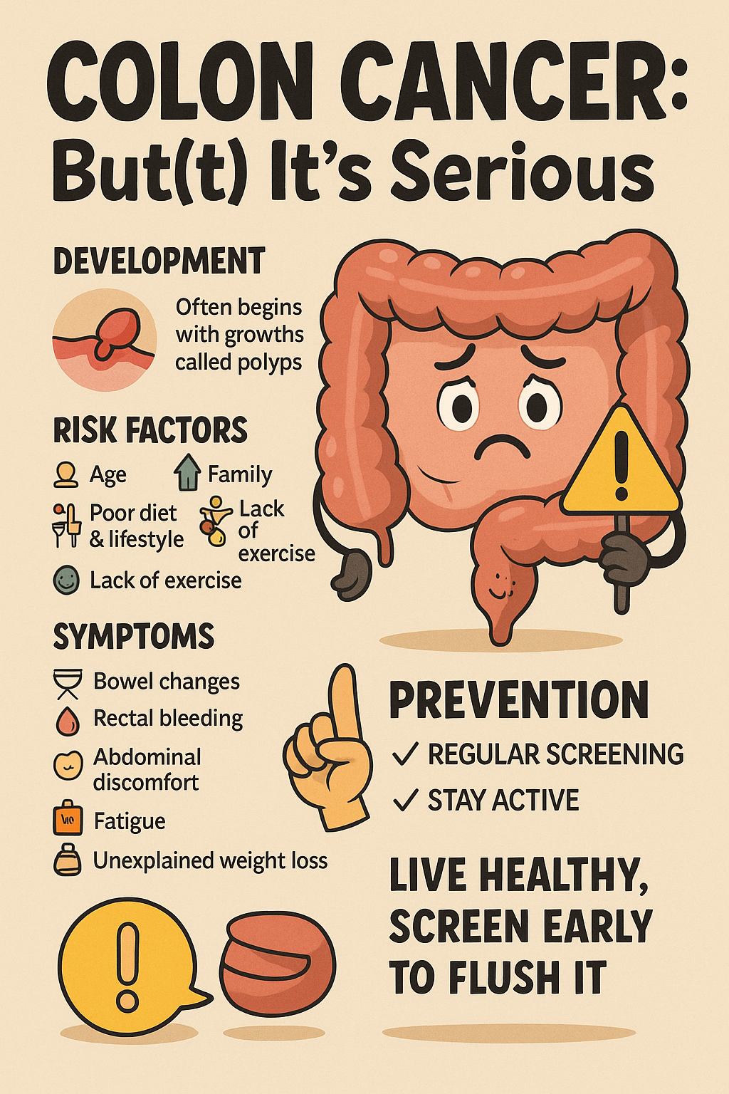 A cheerful, cartoon-style illustration of a smiling colon character surrounded by icons of healthy food, dumbbells, poop emojis, and a doctor with a colonoscopy tool—highlighting the importance of early screening and humor in health awareness.