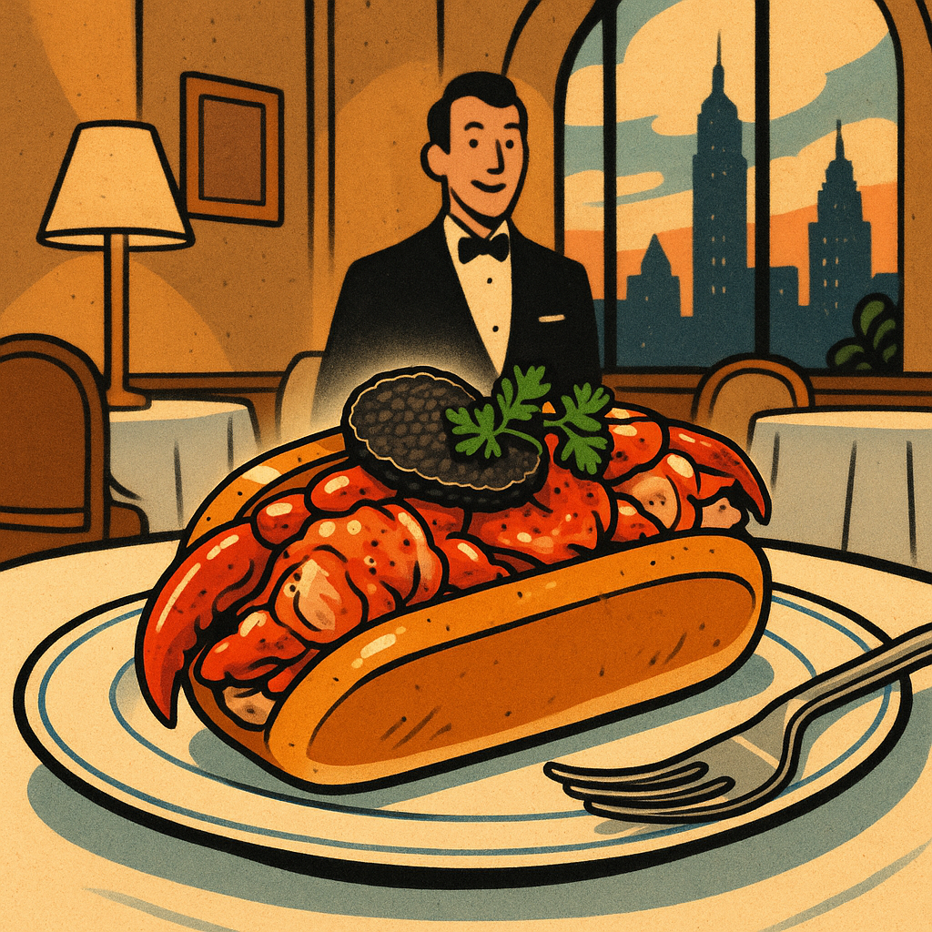 A stylized cartoon illustration of a luxurious lobster roll with truffle garnish served on fine china inside a three-Michelin-starred restaurant, with a tuxedoed waiter in the background and elegant NYC skyline hints.