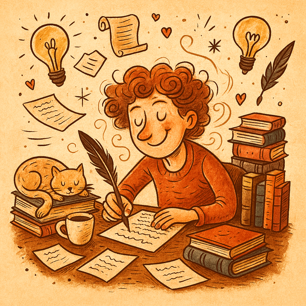 A colorful, flat-style digital illustration showing a cheerful writer at a desk surrounded by books, coffee, a cat, and floating icons of creativity like light bulbs, paper, and quills—capturing the joy, chaos, and passion of the writing life.