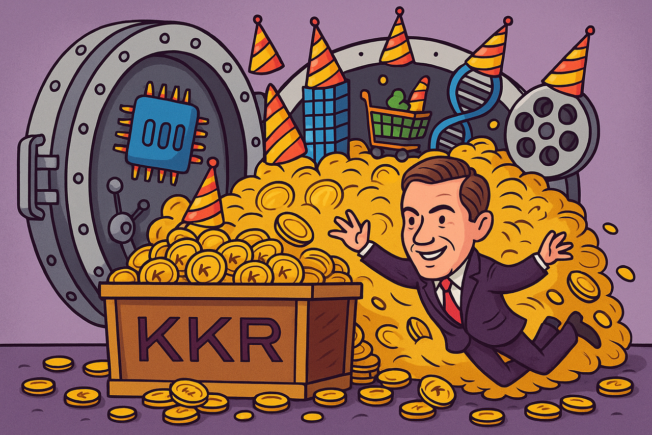 Cartoon of KKR vault filled with icons from every industry: tech, real estate, groceries, biotech, and media—symbolizing the firm’s massive, diversified empire.
