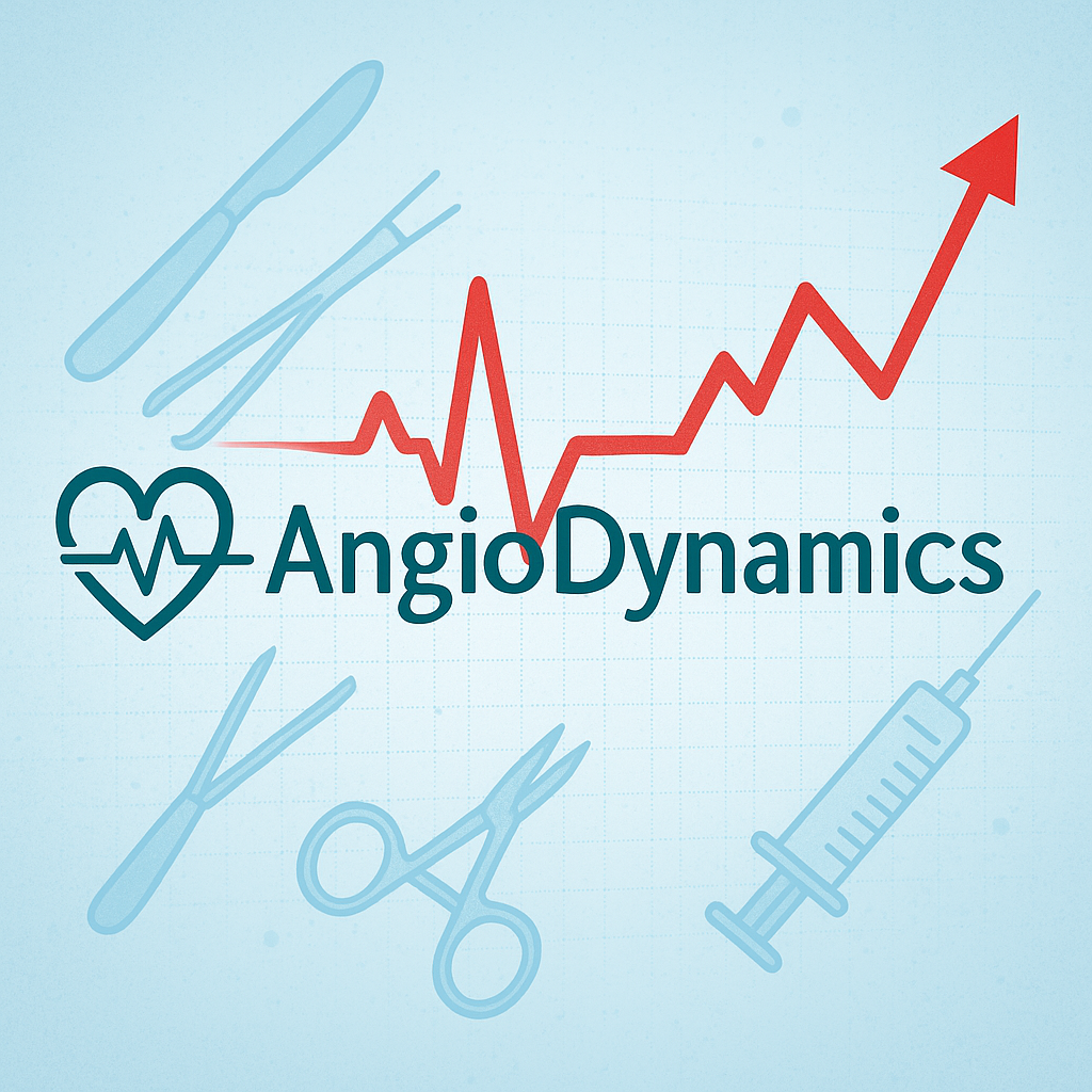 AngioDynamics logo stylized as a heart monitor, stock chart pulsing upward, surgical tools in background.