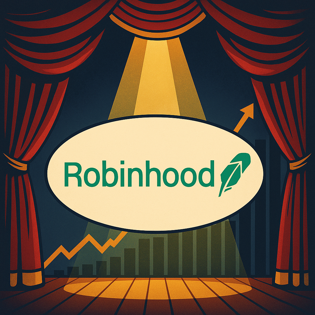 Robinhood logo spotlighted on a theater stage, hedge funds in the audience throwing money, stock chart rising like a curtain. 🎭📈💵