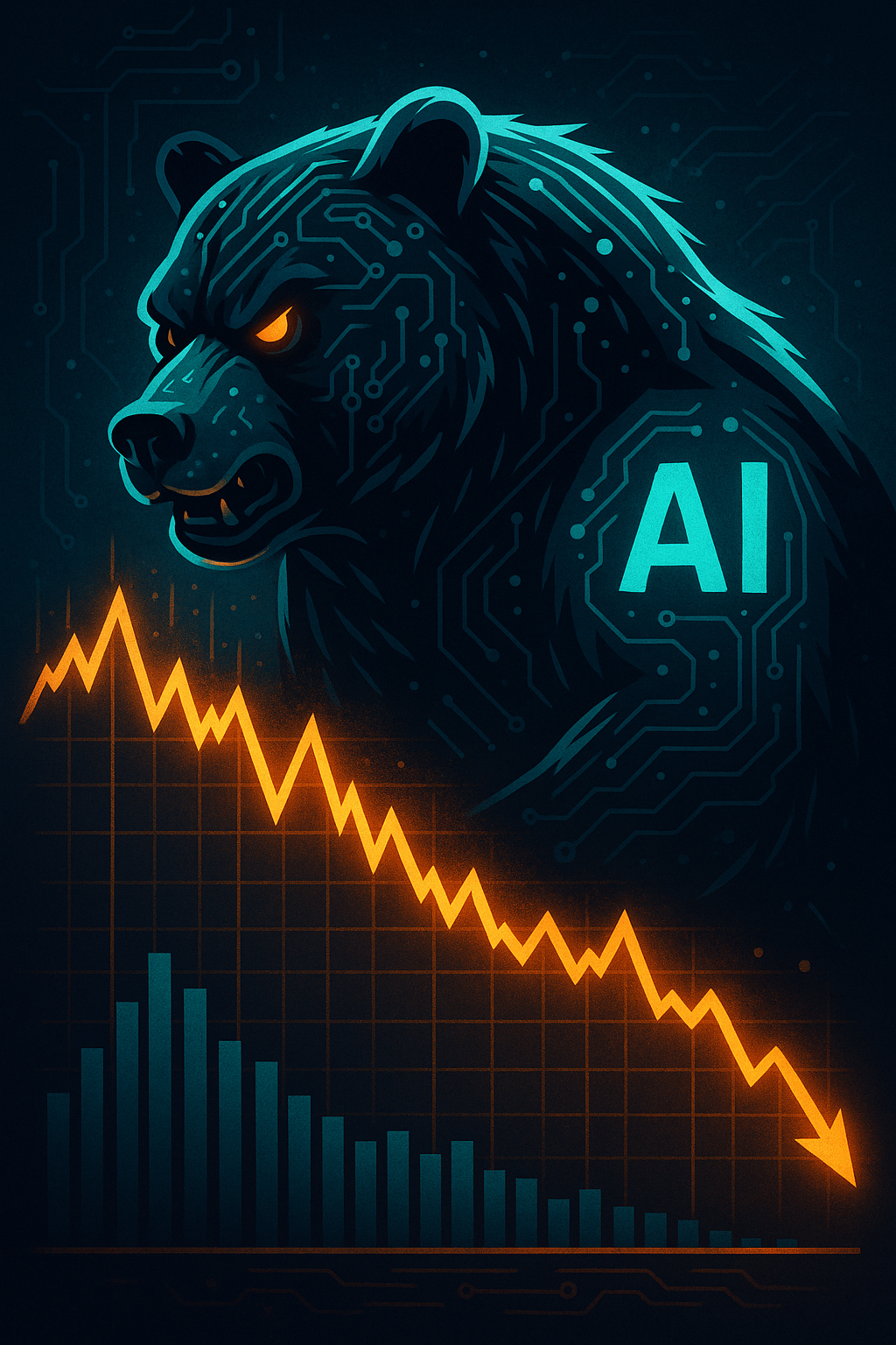 A bear made of circuits looming over a glowing AI stock chart — playful yet ominous