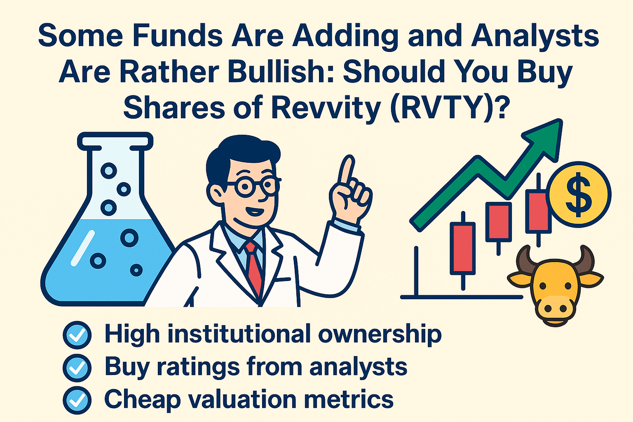 Digital illustration showing a cheerful scientist beside a beaker, a bullish stock chart, and a small cartoon bull — symbolizing Revvity’s blend of biotech innovation, strong institutional backing, and renewed investor optimism.