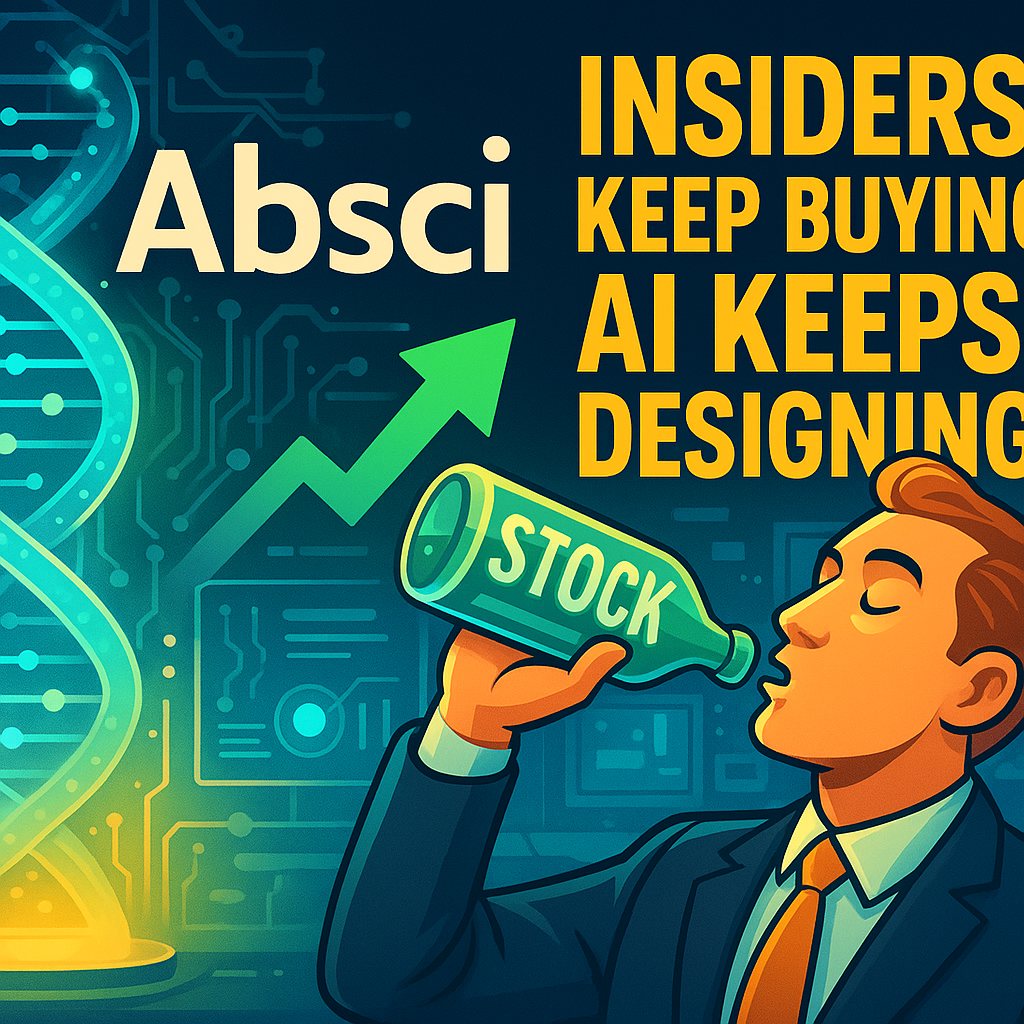 Digital illustration of a DNA strand fusing with glowing AI circuitry inside a futuristic lab, symbolizing Absci’s generative AI drug discovery technology.