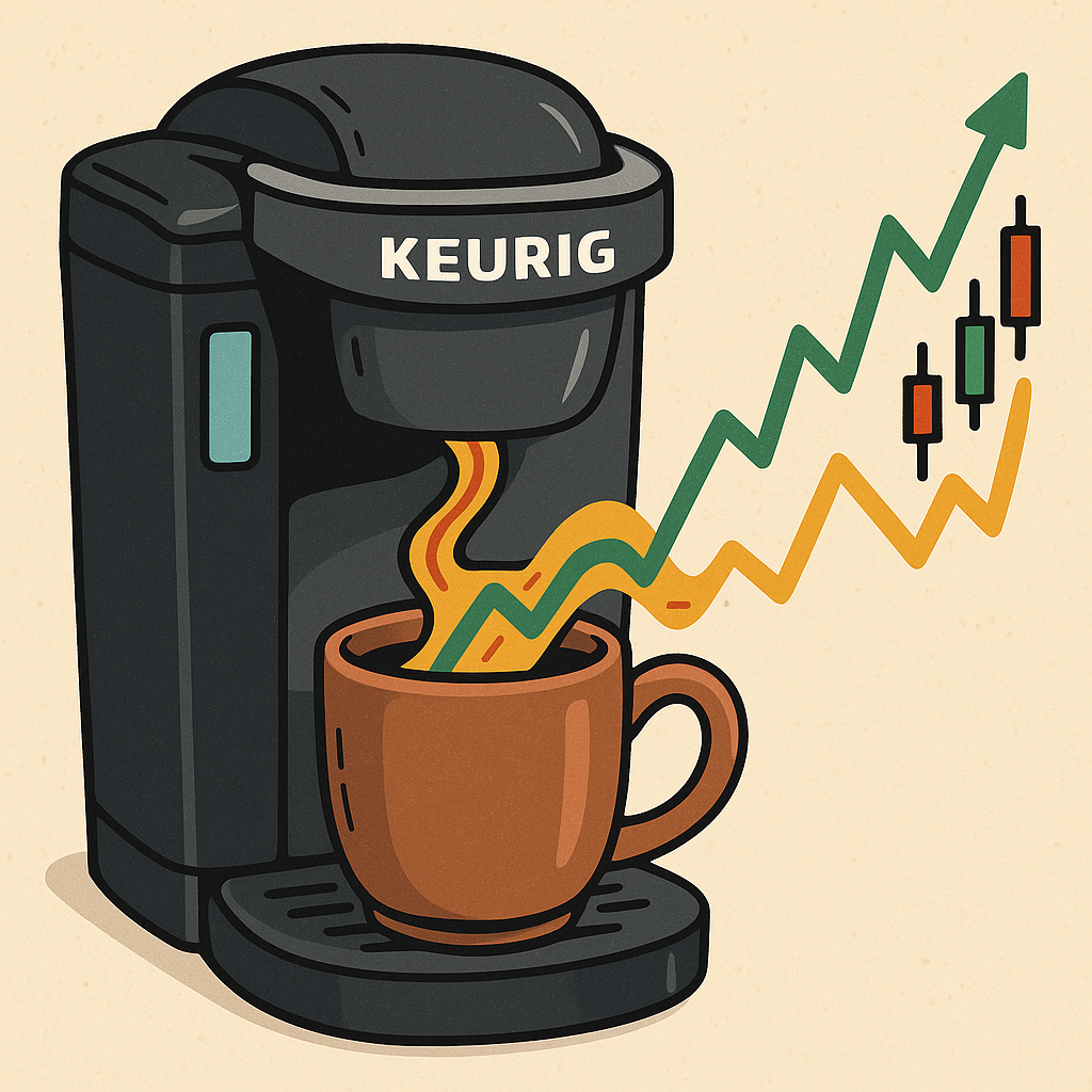 A playful digital illustration of a Keurig coffee machine pouring out stock charts instead of coffee, symbolizing KDP’s insider buying and stock potential.