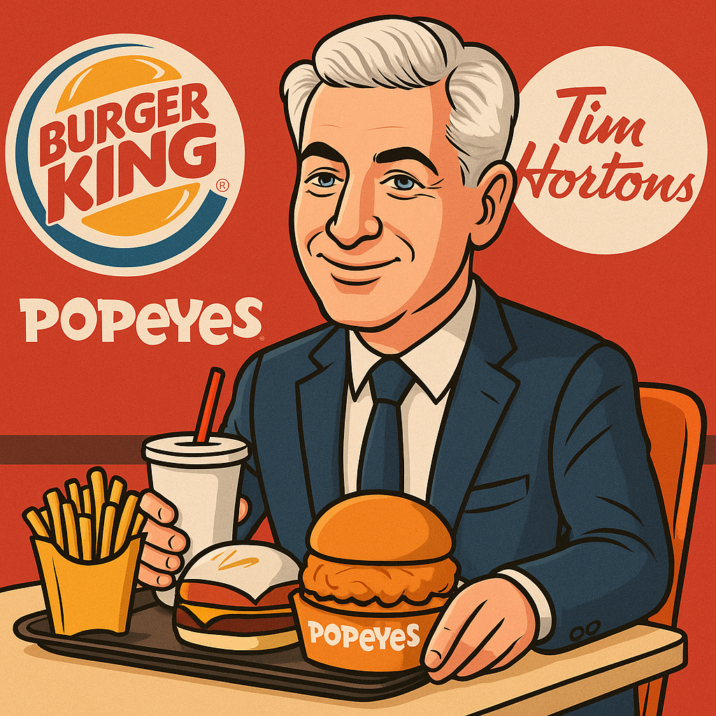 Playful digital illustration of Bill Ackman at a fast-food table with Burger King, Tim Hortons, and Popeyes logos in the background, symbolizing his big bet on Restaurant Brands International (QSR).