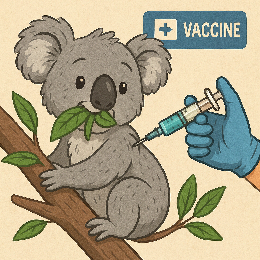 Playful digital illustration of a koala getting a vaccine shot while munching on eucalyptus leaves, symbolizing Australia’s new chlamydia vaccine program.