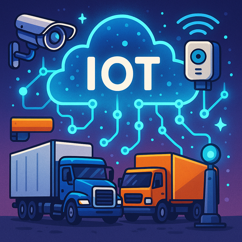 Playful digital illustration of trucks, cameras, and sensors connected to a glowing IoT cloud, symbolizing Samsara’s growth and Wall Street backing.