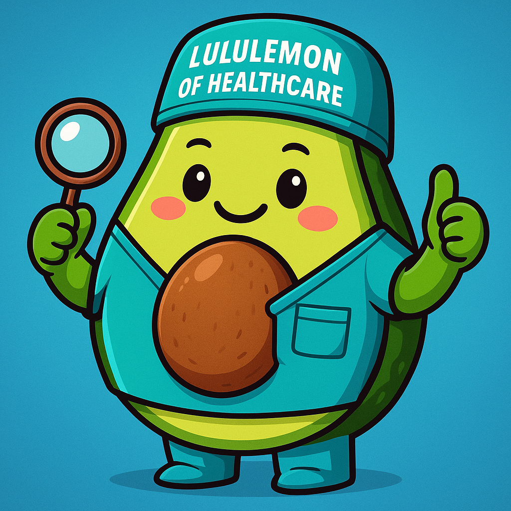 Playful digital illustration of a confident healthcare worker in stylish scrubs, symbolizing Figs Inc.’s premium medical apparel brand or “Lululemon of healthcare” parody and Ron Baron’s bullish investment.
