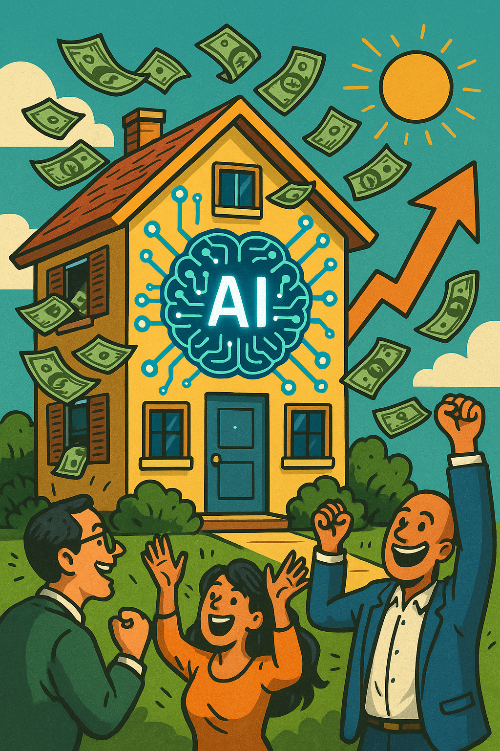 Playful digital illustration of a house with glowing AI circuits, dollar bills flying out the windows, and investors cheering outside — symbolizing Opendoor’s cult stock momentum.