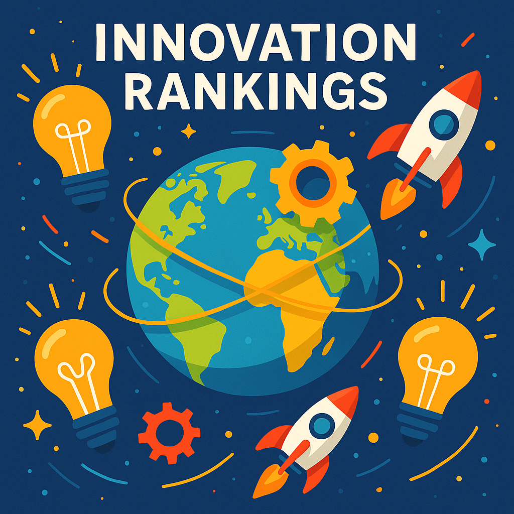 Colorful digital illustration of a globe with lightbulbs, gears, and rockets orbiting it, symbolizing innovation rankings worldwide.