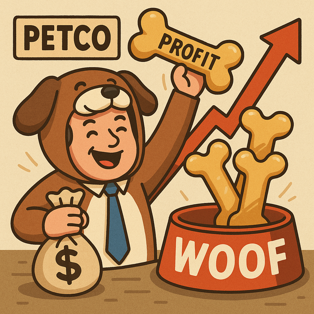 Cartoon of Petco CEO in a dog suit tossing profit bones into a bowl labeled “WOOF,” symbolizing insider buying and surprise earnings rebound.