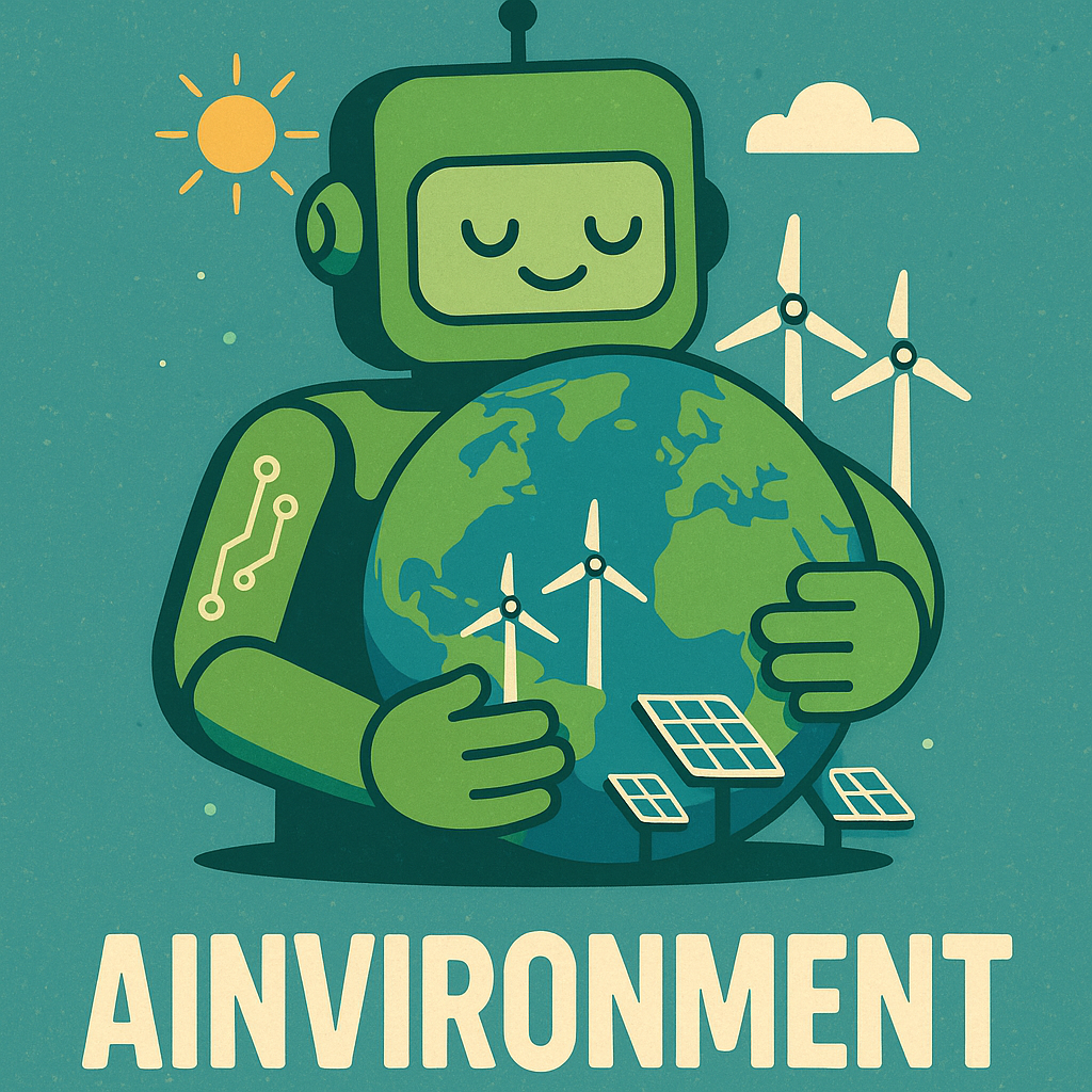 Digital rendering of a green AI robot hugging a globe covered in wind turbines and solar panels, with bold text “AInvironment