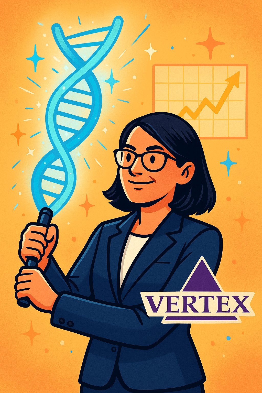 A confident businesswoman holds a glowing blue DNA helix like a lightsaber, standing against a golden background with a rising stock chart and the Vertex Pharmaceuticals logo—symbolizing innovation, biotech strength, and market growth.