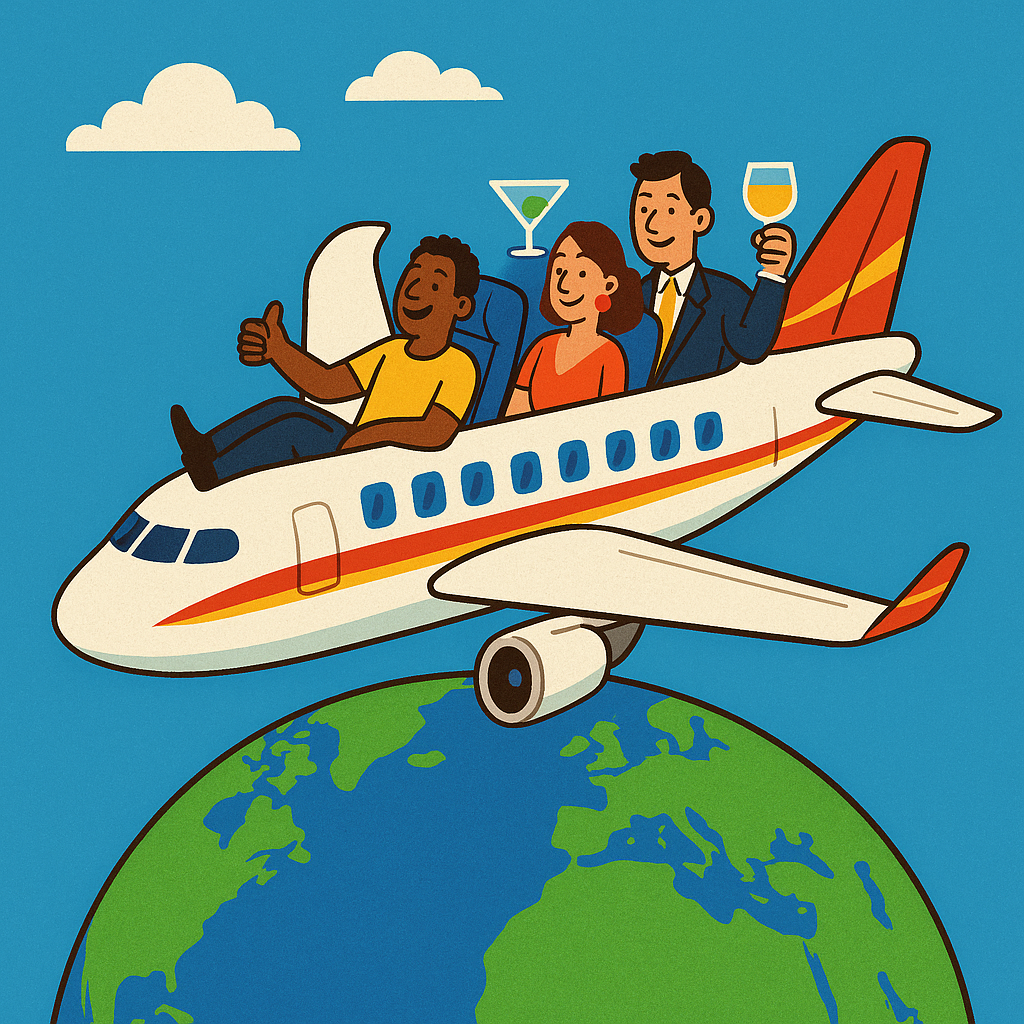 Colorful illustration of a luxury airplane flying over the globe, with passengers enjoying cocktails and legroom, symbolizing world-class airlines.
