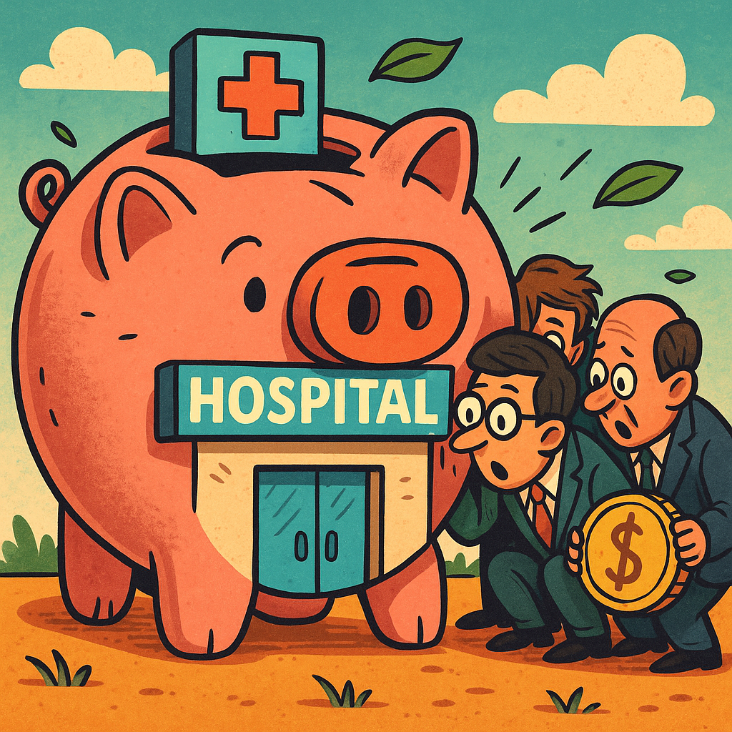 Playful digital illustration of a hospital morphing into a piggy bank, with investors peeking inside, symbolizing Acadia Healthcare’s activist drama.