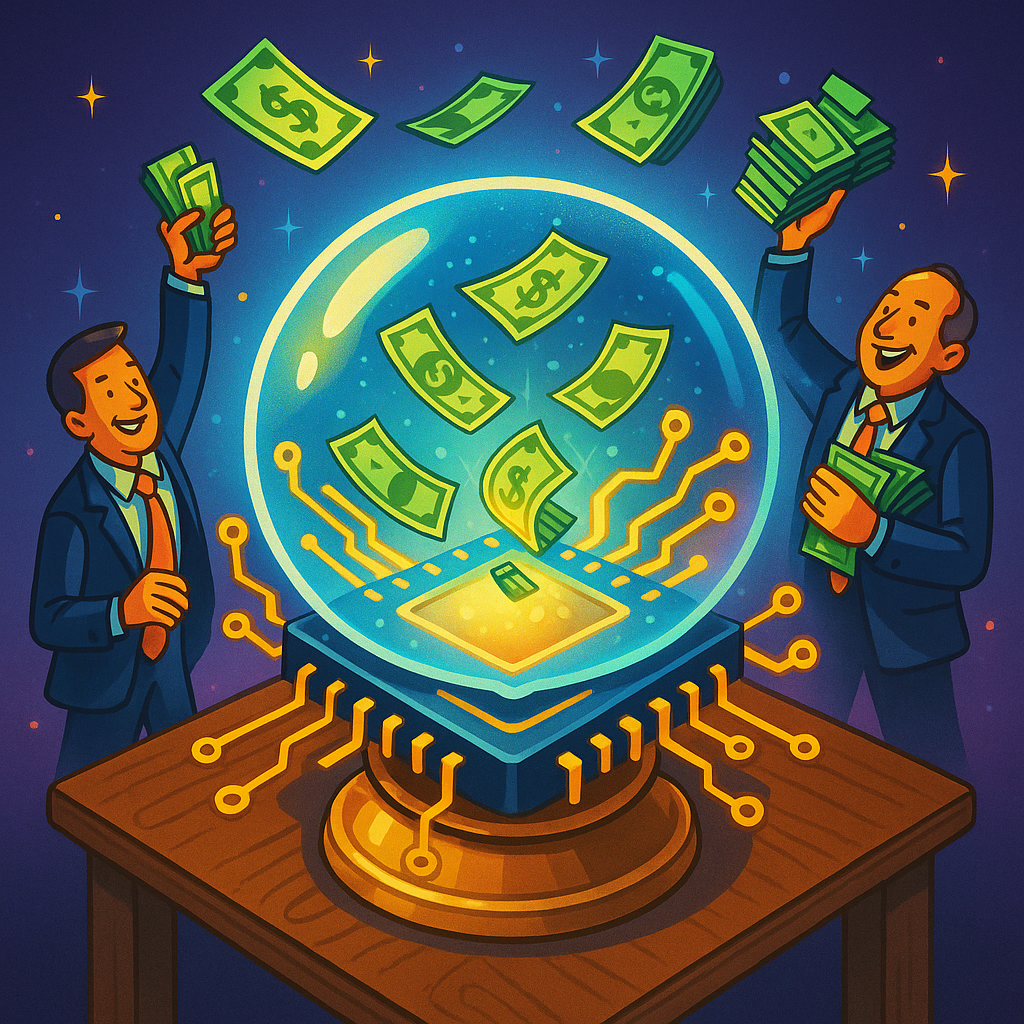 Colorful illustration of a silicon chip glowing like a jewel, surrounded by servers and AI robots cheering, symbolizing Marvell Technology’s insider confidence and AI growth.