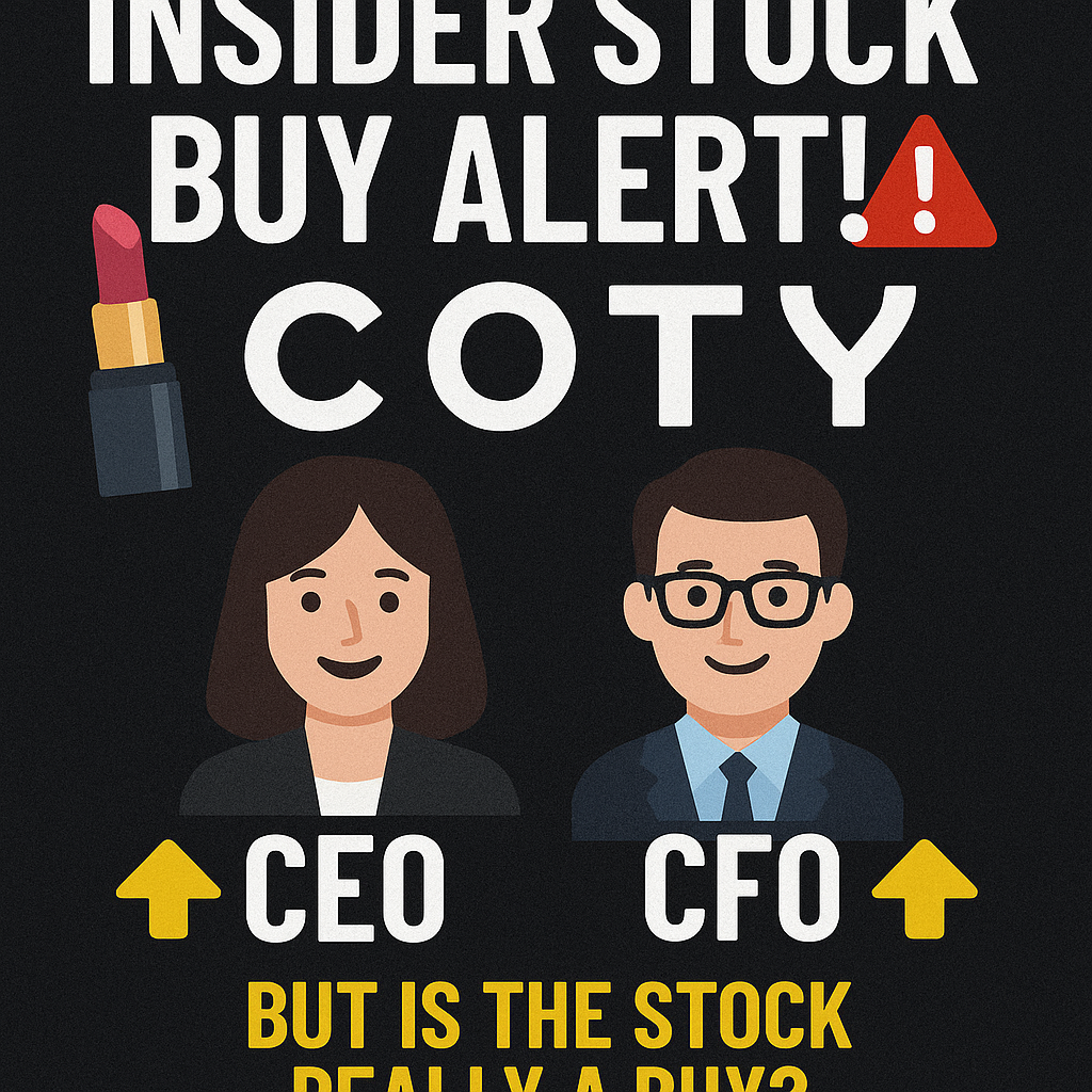 Bold white text on a dark background reading ‘COTY: CEO & CFO Buy Big’ with playful cosmetic-themed icons, symbolizing insider buying and value opportunity in Coty shares.