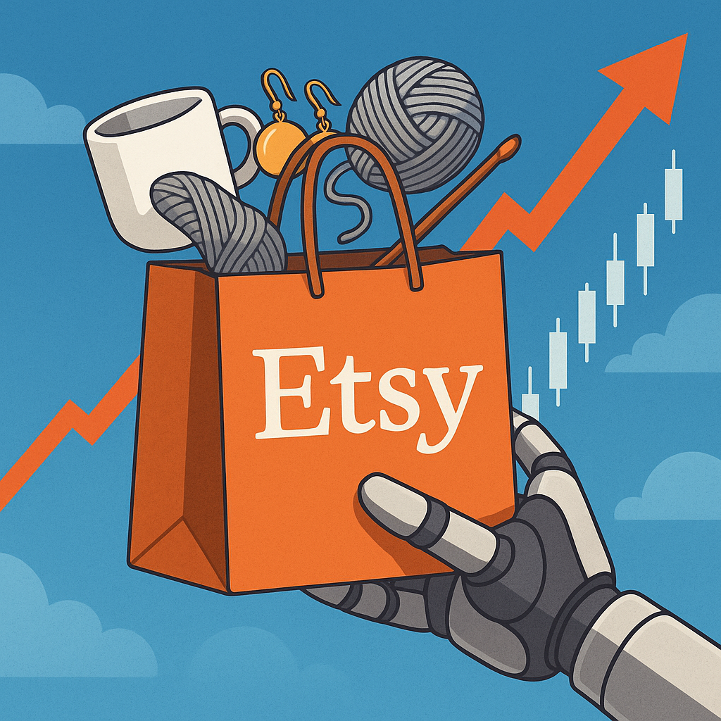 Etsy shopping bag held by a robot hand, handmade goods spilling out, stock chart rising behind.
