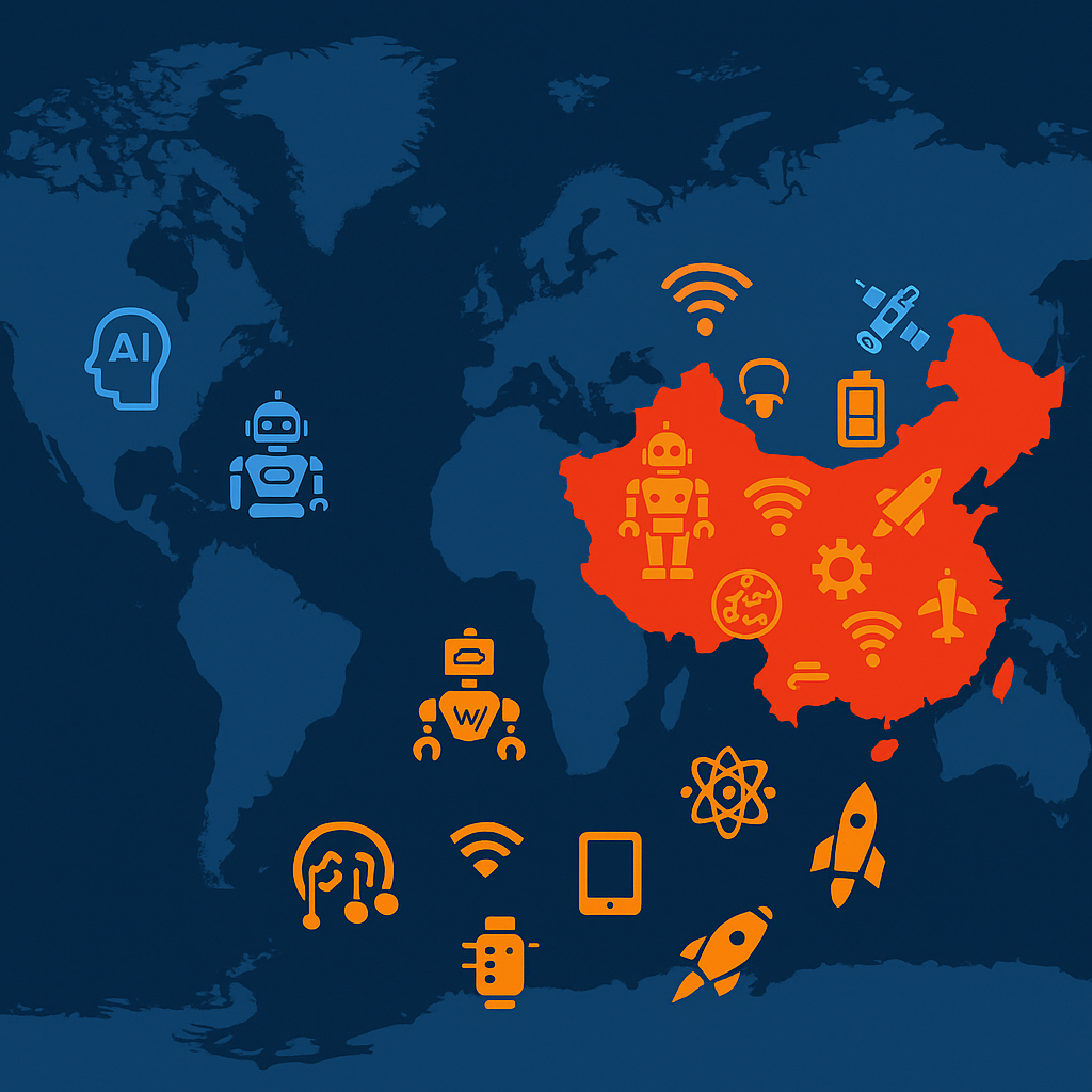 China glowing red on a world map, covered in technology icons (AI, robots, batteries, satellites), U.S. in blue with fewer icons.