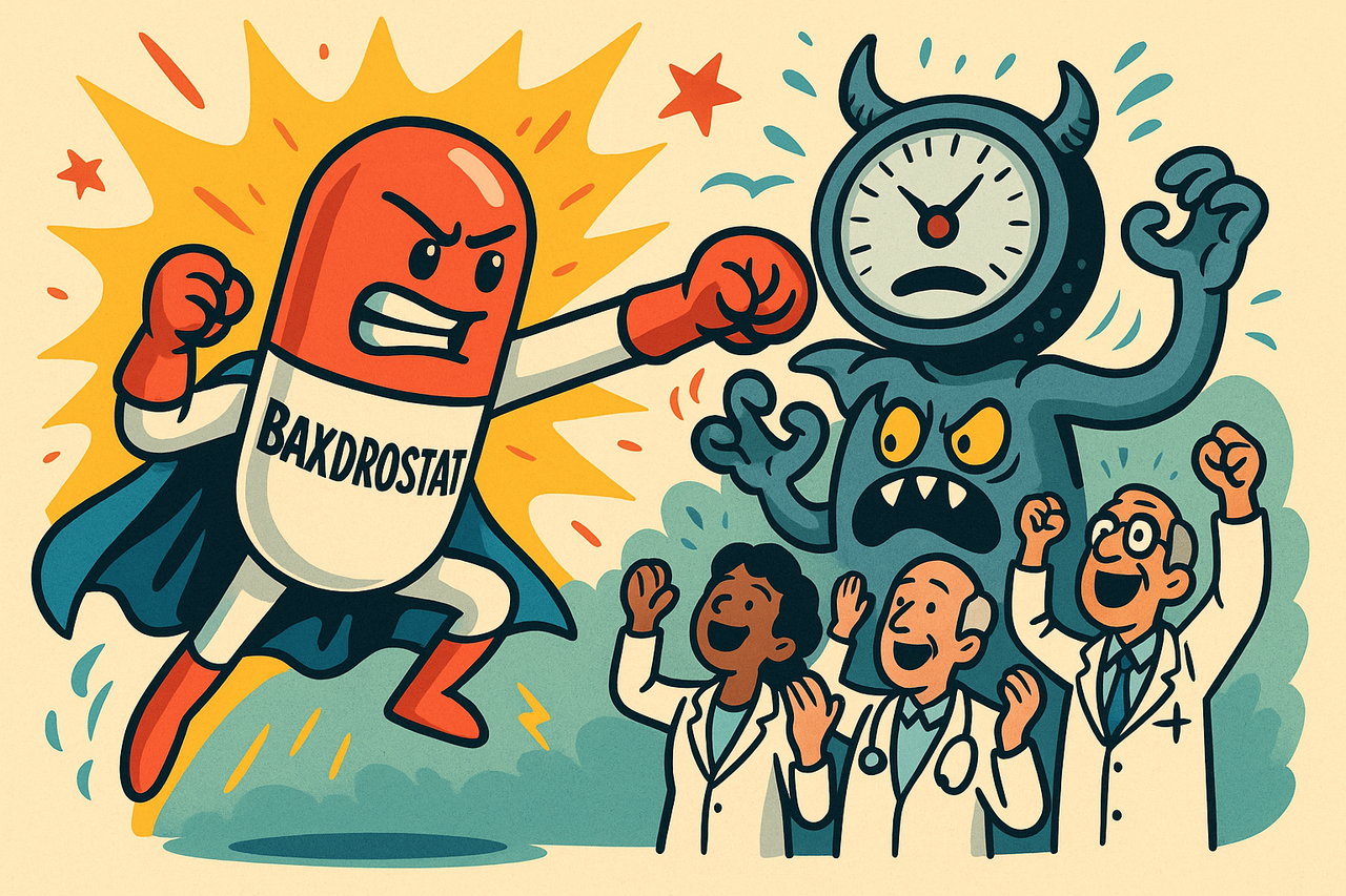Cartoon-style illustration of a superhero pill labeled “Baxdrostat” battling an evil blood-pressure gauge monster, while doctors cheer in the background.