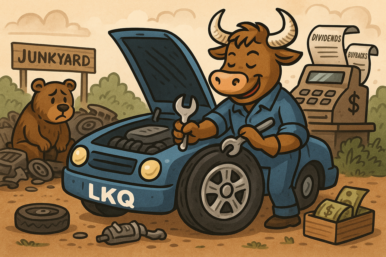 Cartoon of a bull mechanic fixing a car with shiny new parts labeled “LKQ,” while a sad bear watches from the junkyard. A cash register in the background prints dividends and buybacks, symbolizing insider buying and value investing potential.