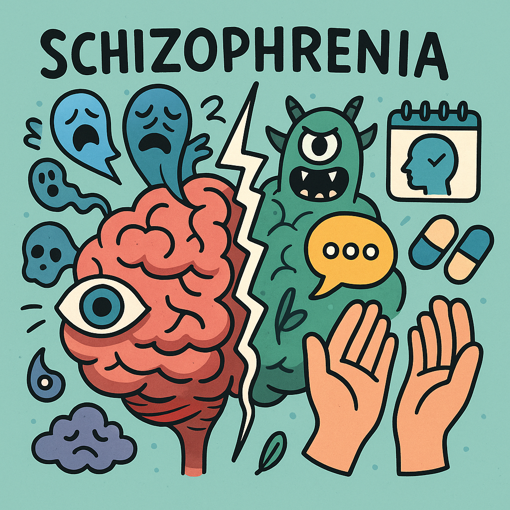 Cartoon-style brain split in half like a cracked egg, with hallucinations (voices, eyes, monsters) flying out one side and supportive hands, therapy icons, and medication pills floating on the other. Symbolizes schizophrenia’s challenges and hope.